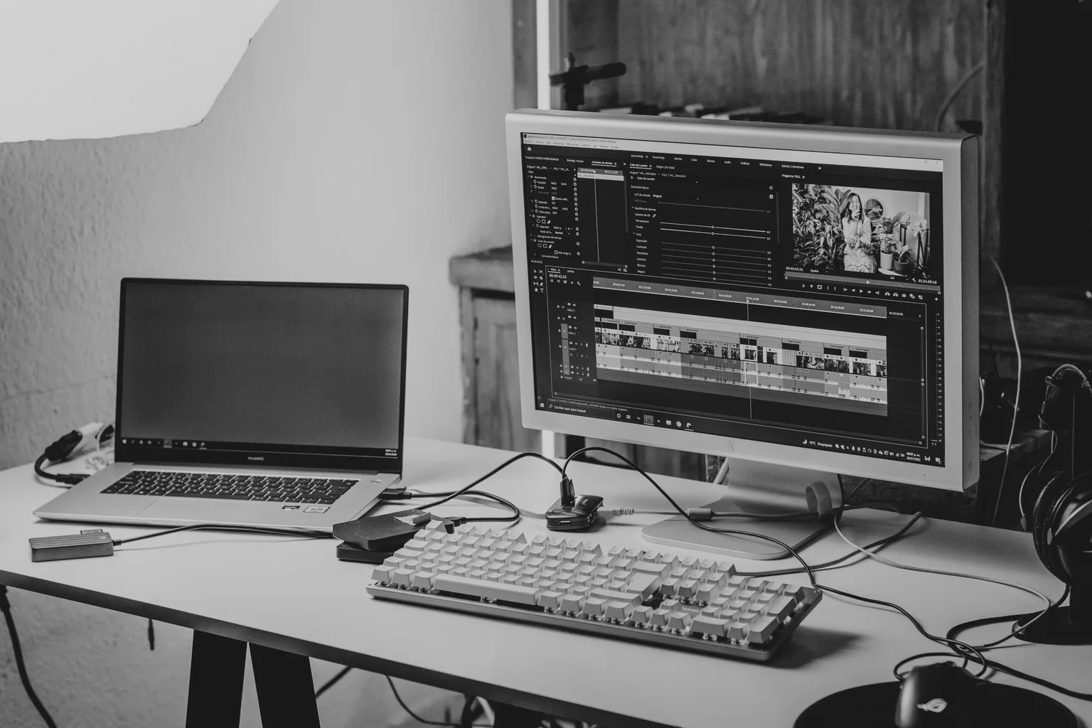 Un espace de post-production avec une séquence vidéo en cours de montage.